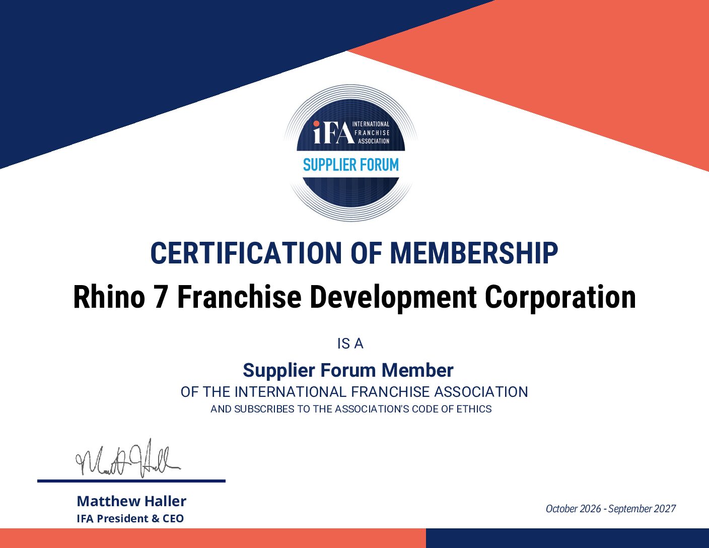 Rhino 7 IFA Supplier Forum Certificate of Membership 2026–2027